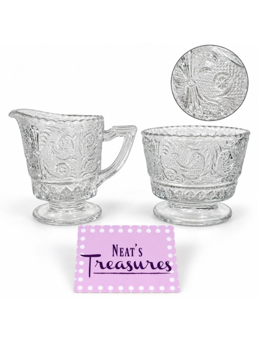 Duncan & Miller Sandwich Clear Glass Scroll Design Open Sugar Bowl & Creamer Set
